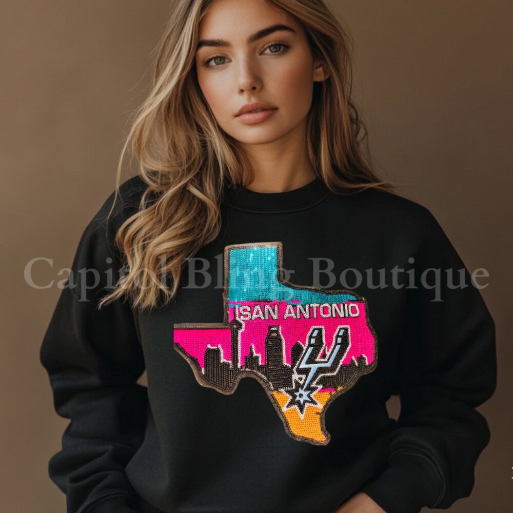 🏀✨ San Antonio Basketball Sweatshirt – Sequin & Glitter Patch (Custom Made) ✨🏀